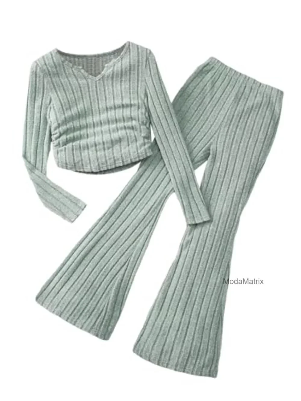 2 Piece Girls Outfit Notched V Neck Ruched Long Sleeve Tee and Flare Leg Rib